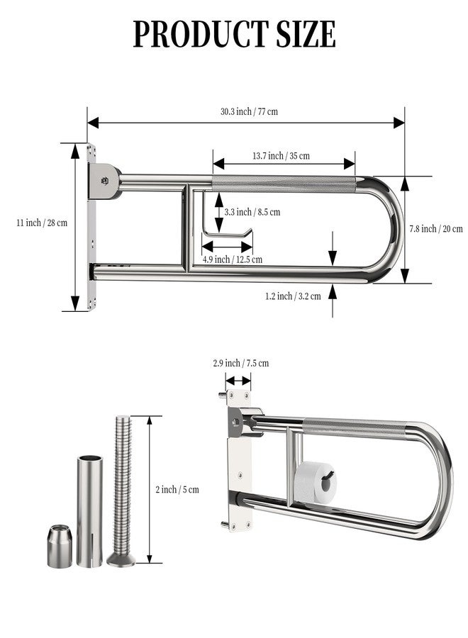 YuanDe Toilet Grab Bar 30.3 Inch, YuanDe Flip Up Grab Bar with Paper Holder, Polished Chrome Anti-Slip Safety Bars for Toilet, Stainless Steel Knurled Toilet Handles for Seniors Disabled Elderly Pregnant - Image 2